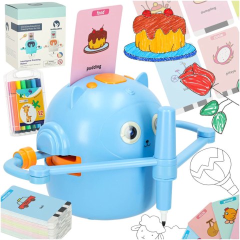 Robot edukacyjny interaktywny nauka rysowania pisania zestaw fiszki mazaki niebieski Robot edukacyjny interaktywny nauka rysowania pisania zestaw fiszki mazaki niebieski