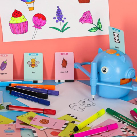 Robot edukacyjny interaktywny nauka rysowania pisania zestaw fiszki mazaki niebieski Robot edukacyjny interaktywny nauka rysowania pisania zestaw fiszki mazaki niebieski